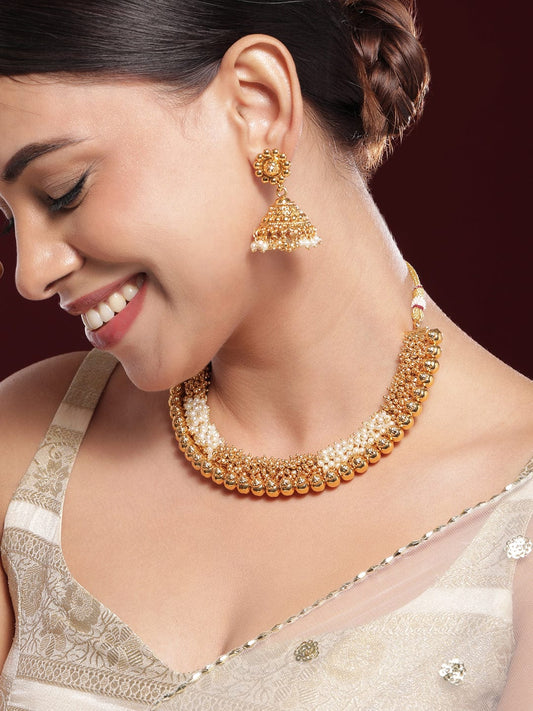 Golden Pearl Beaded Necklace Set Gold