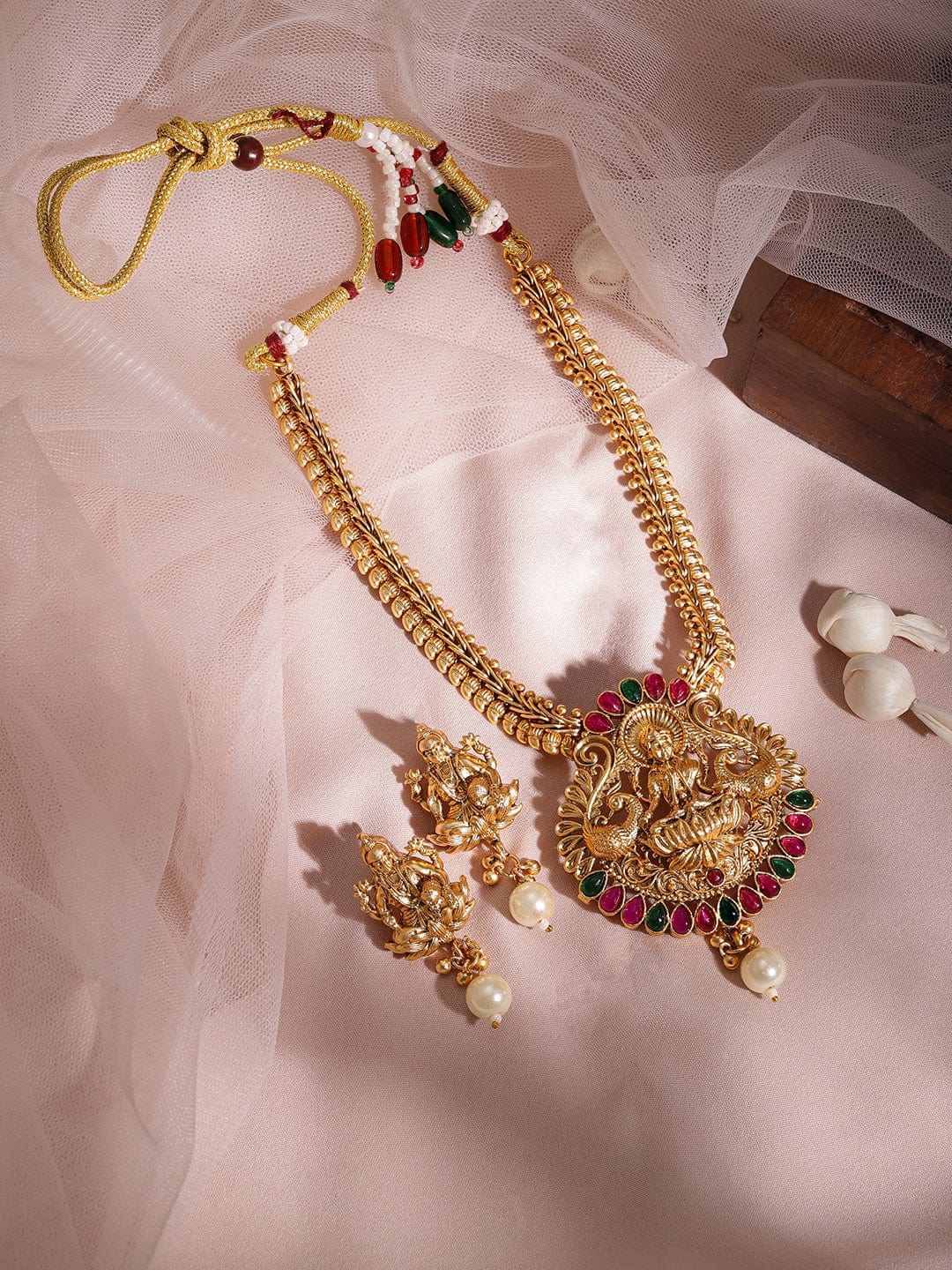 Red & Green Studded Lakshmi Motif Necklace Set Gold