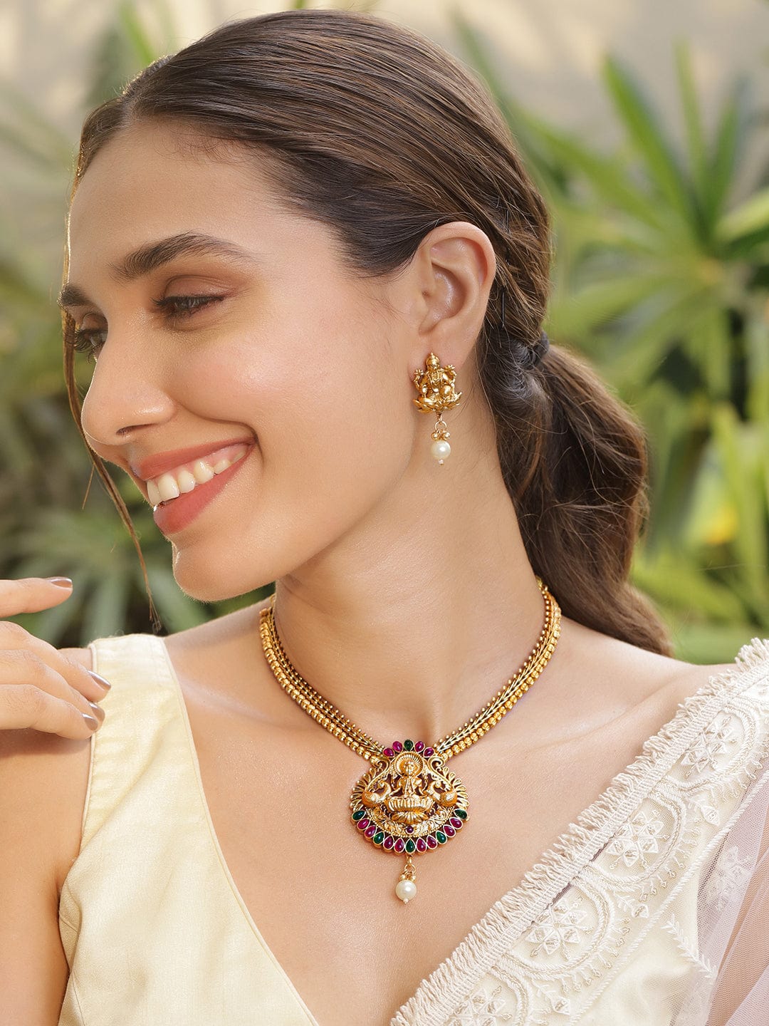 Red & Green Studded Lakshmi Motif Necklace Set Gold
