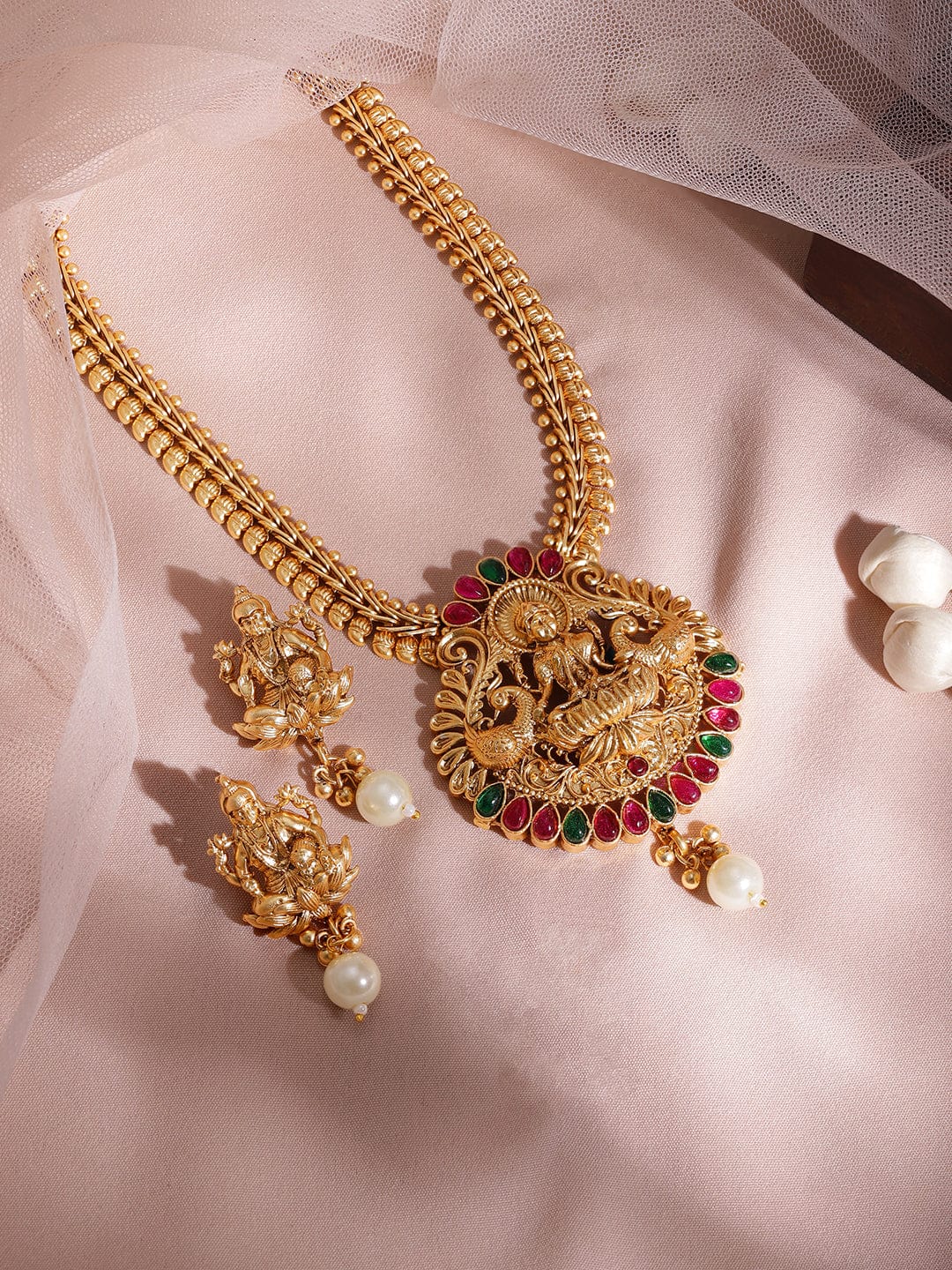 Red & Green Studded Lakshmi Motif Necklace Set Gold