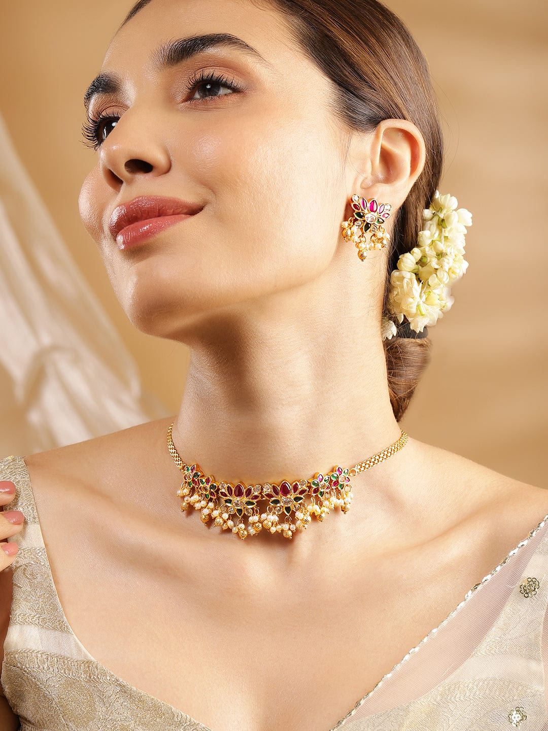 Designer Aura with Green Red Choker Set Gold