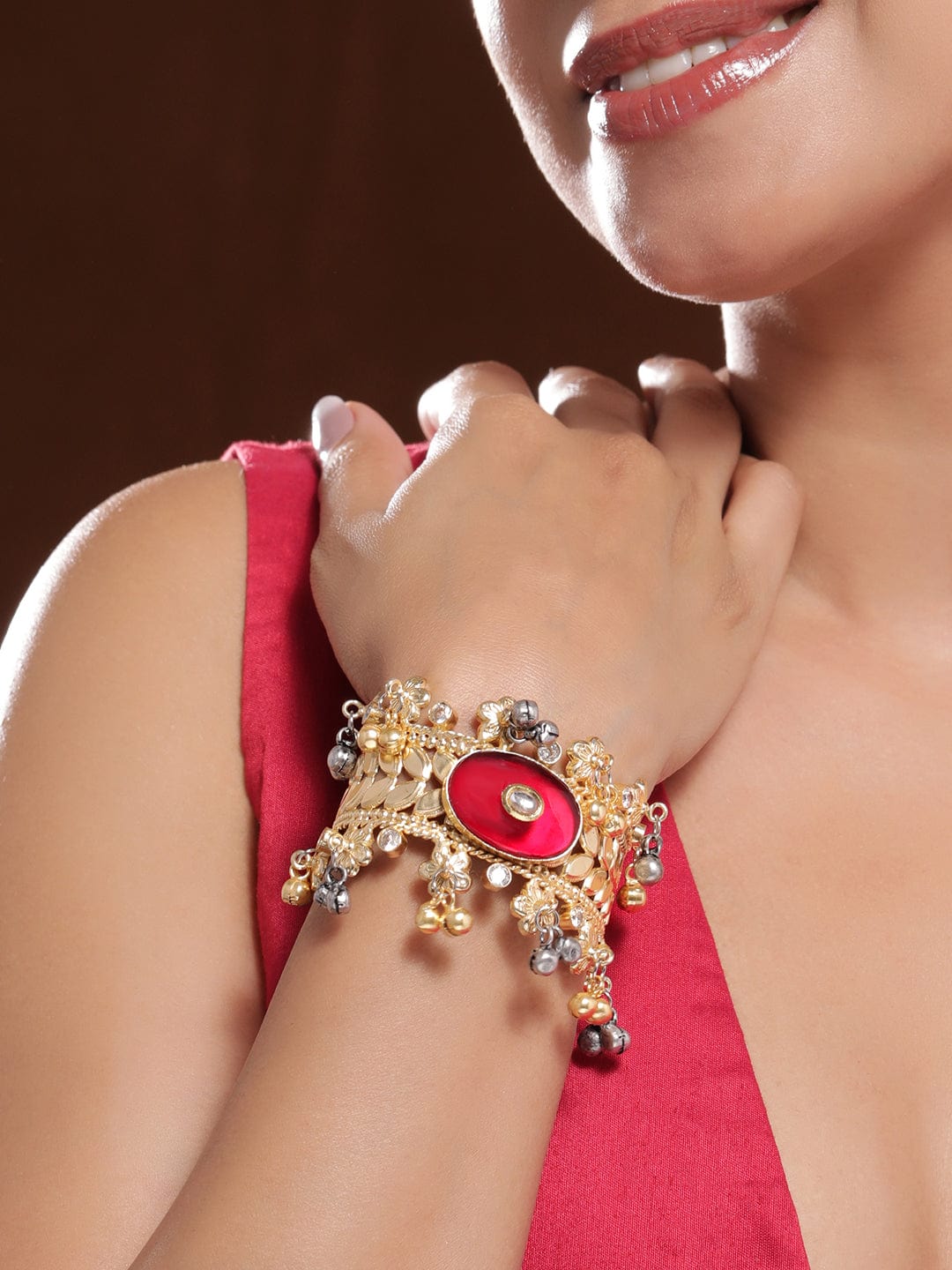 Rubans 22KT Gold-Plated Stone Studded Floral Design Cuff Bracelet Gold