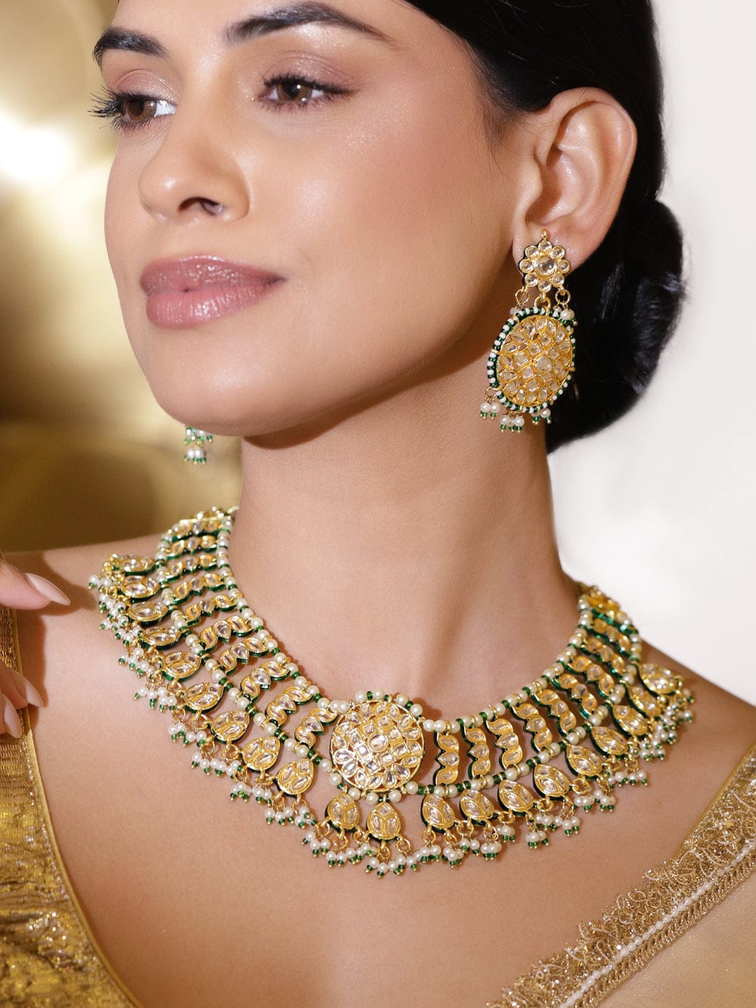 Green & White Kundan Gold Necklace Set With Maangtikka フリーサイズ