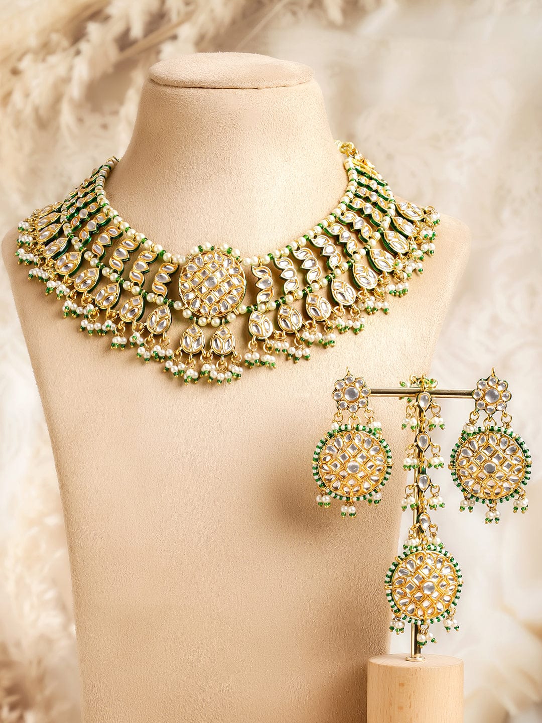 Green & White Kundan Gold Necklace Set With Maangtikka フリーサイズ