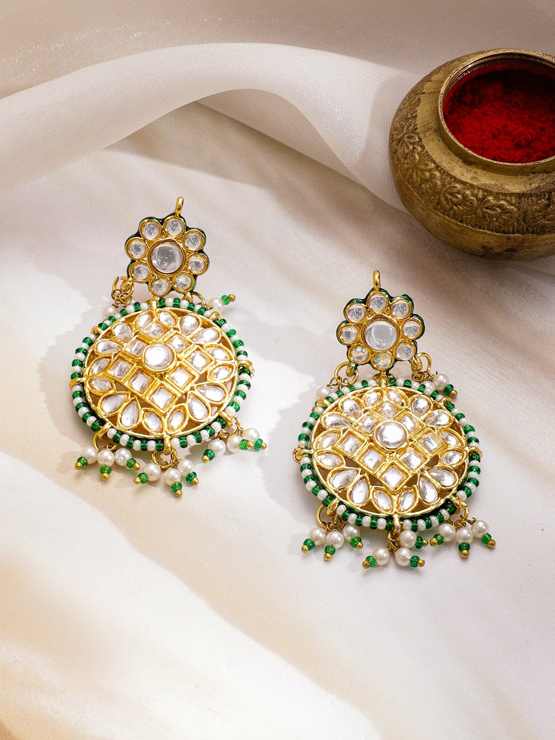 Green & White Kundan Gold Necklace Set With Maangtikka フリーサイズ
