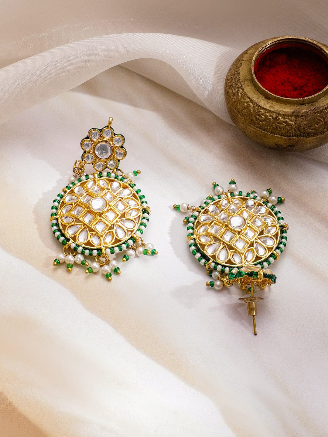Green & White Kundan Gold Necklace Set With Maangtikka フリーサイズ