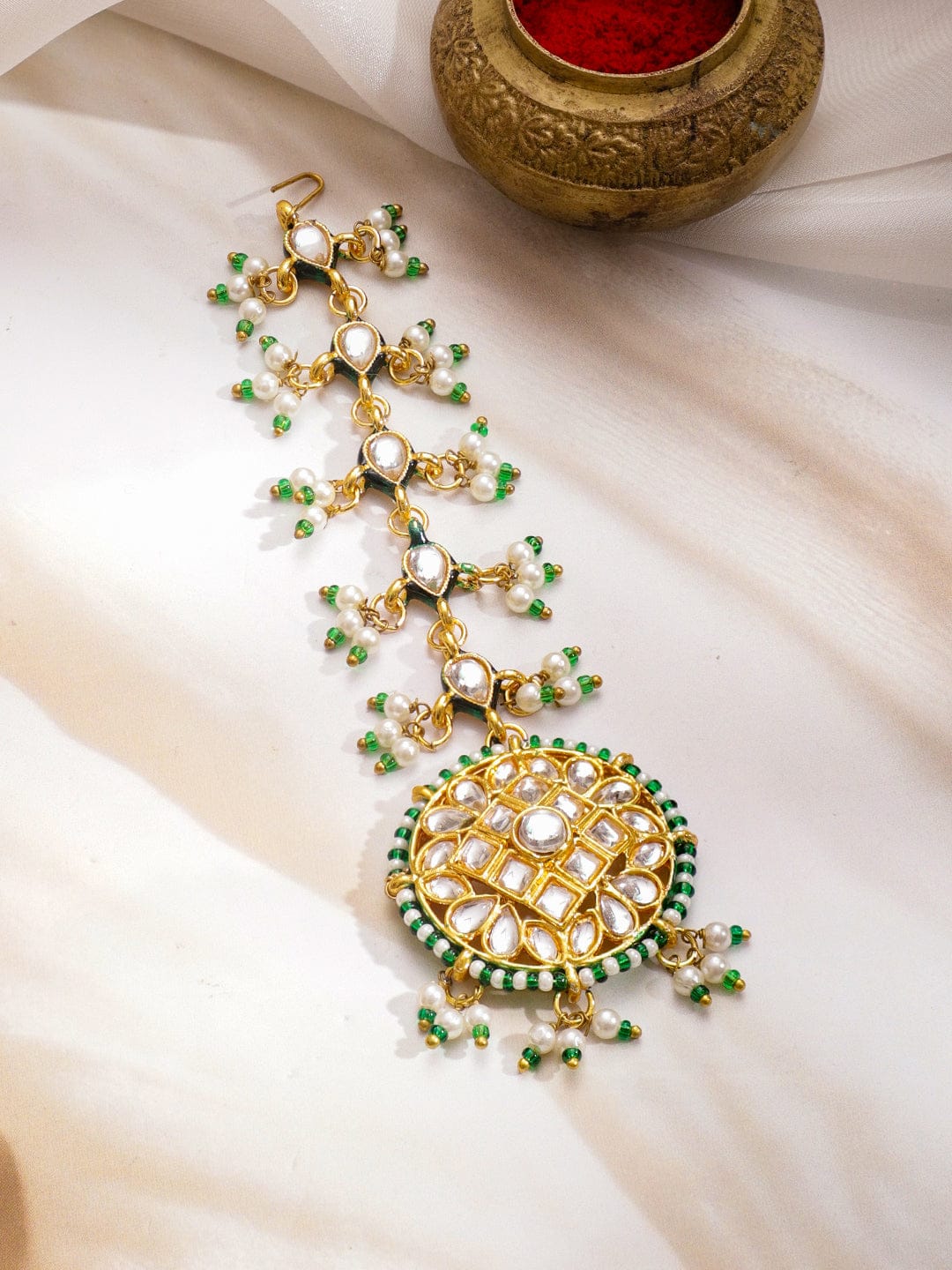 Green & White Kundan Gold Necklace Set With Maangtikka フリーサイズ