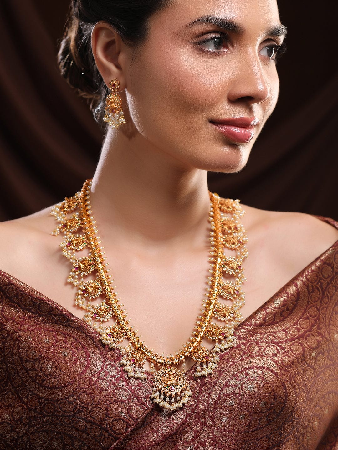 Long Pearl Drop Necklace Set with Laxmi Motif Ruby