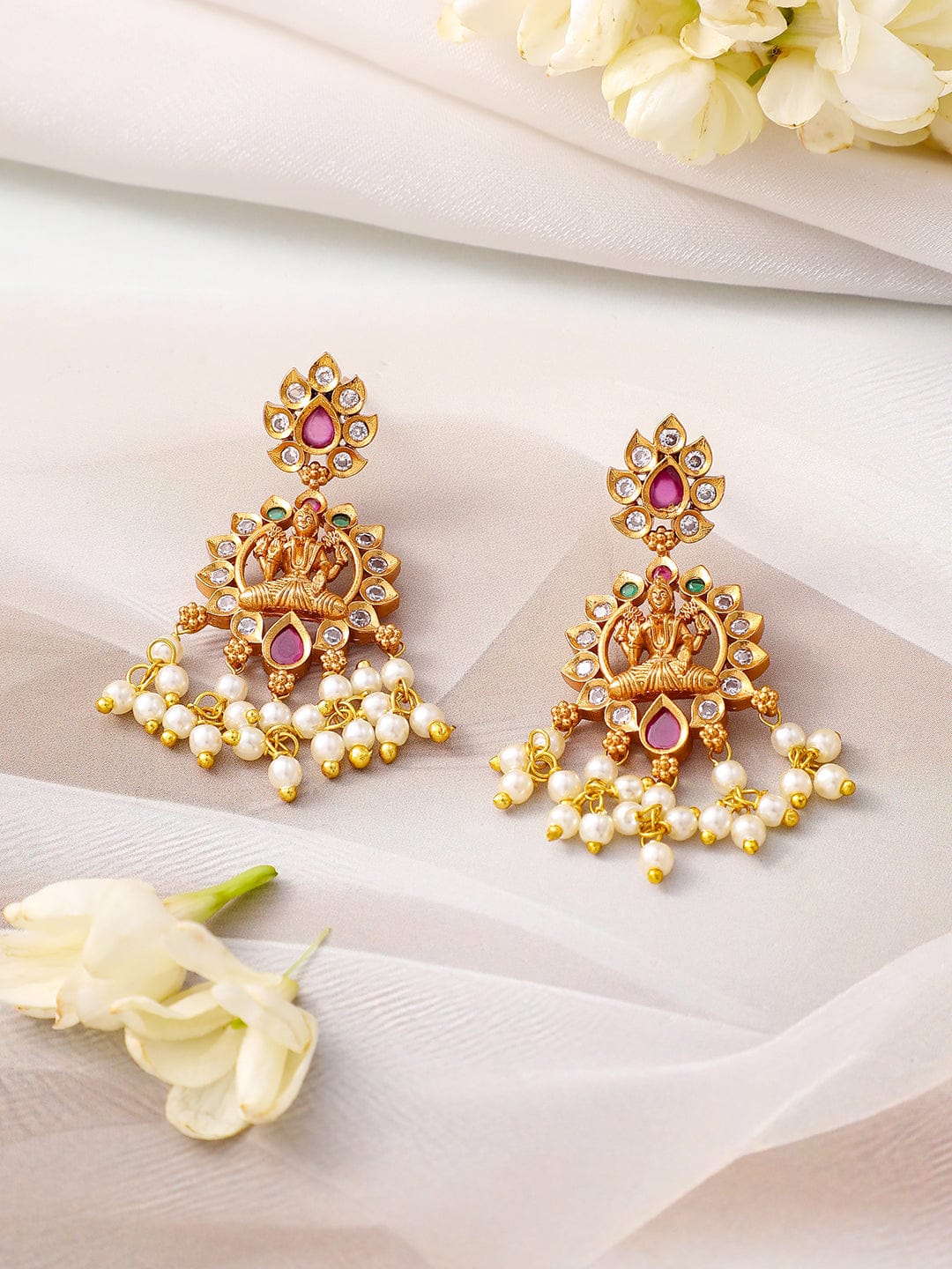 Long Pearl Drop Necklace Set with Laxmi Motif Ruby