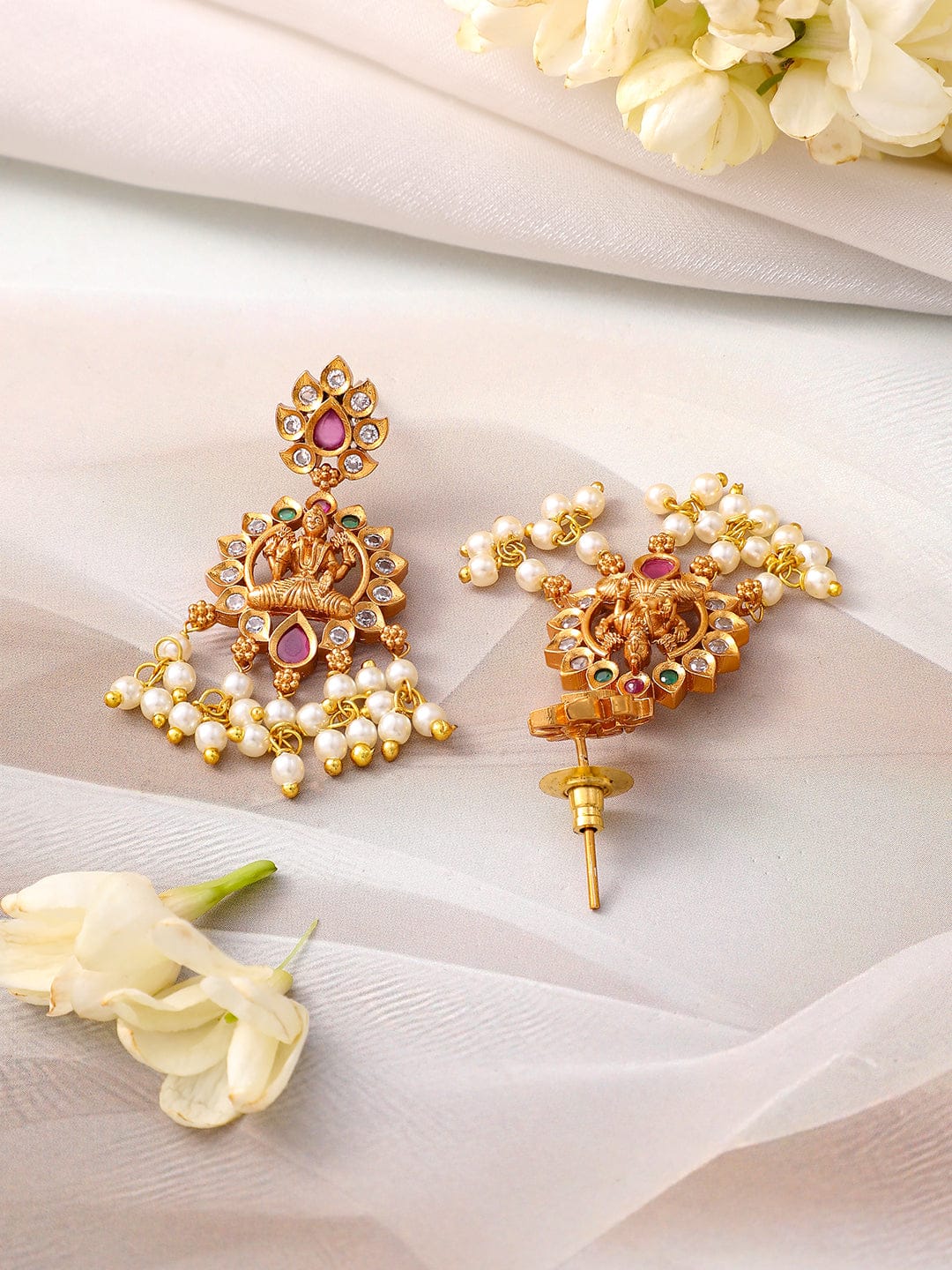 Long Pearl Drop Necklace Set with Laxmi Motif Ruby