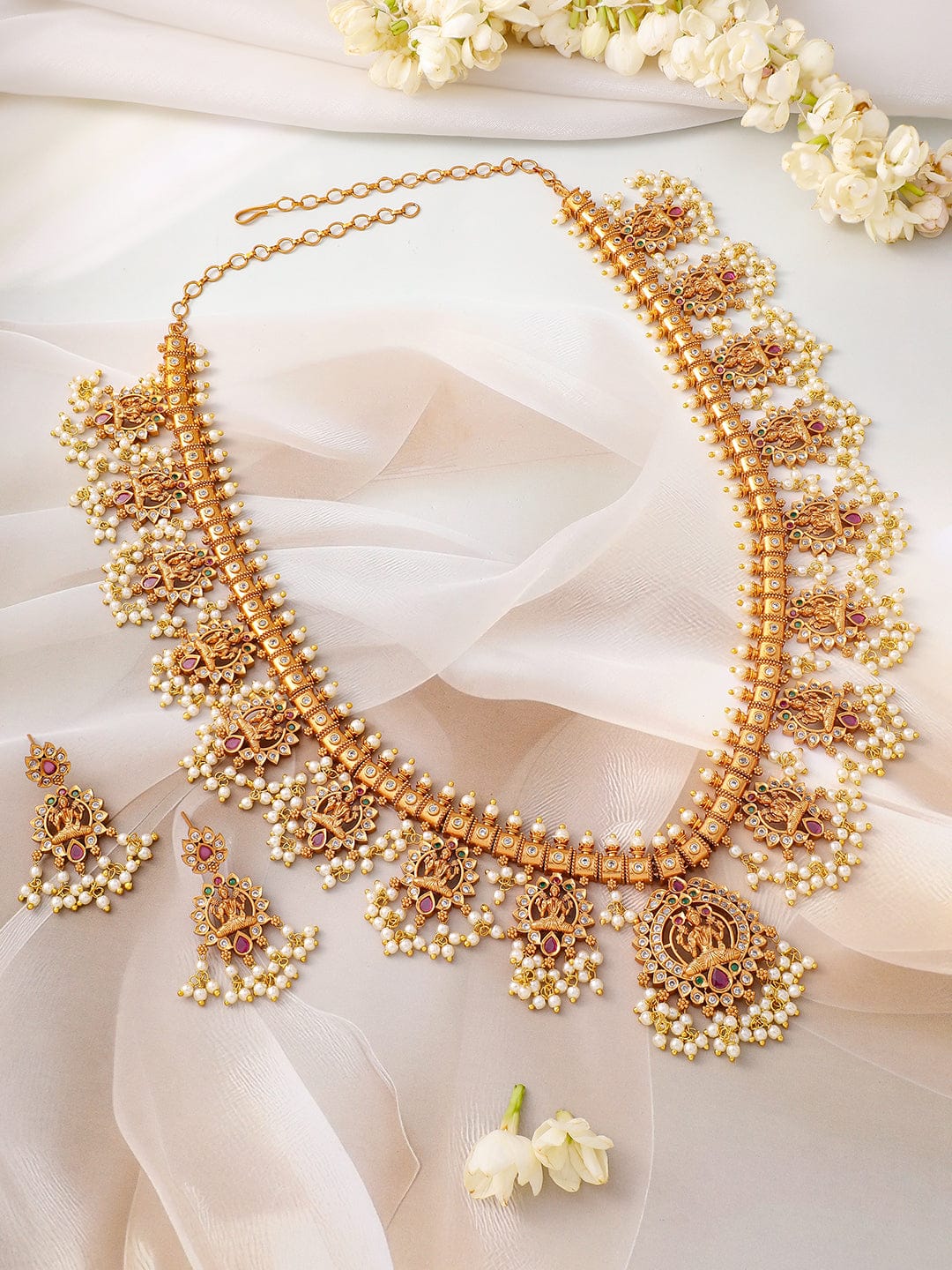Long Pearl Drop Necklace Set with Laxmi Motif Ruby