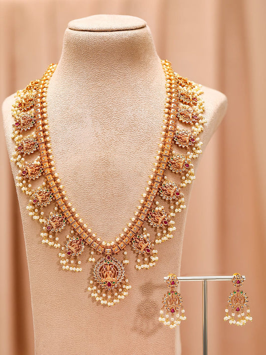 Long Pearl Drop Necklace Set with Laxmi Motif Ruby