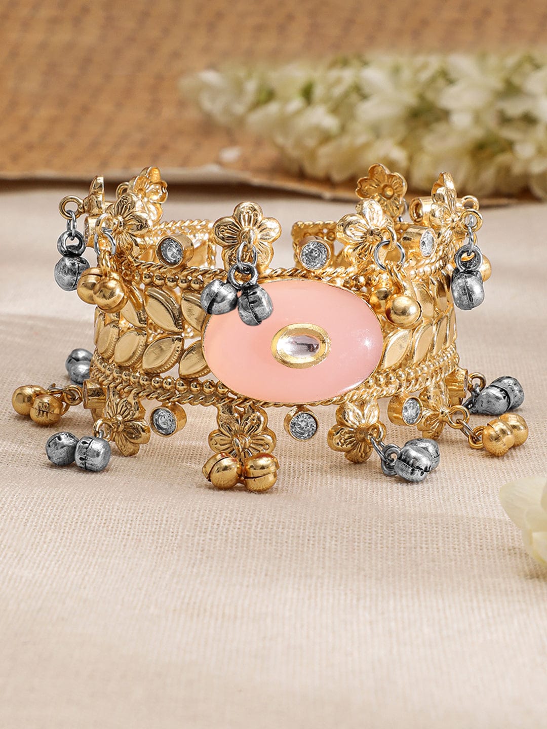 Rubans 24K Gold-Plated Dual-Tone Gold & Silver Beads Peach Stone Handcrafted Cuff Bracelet Gold