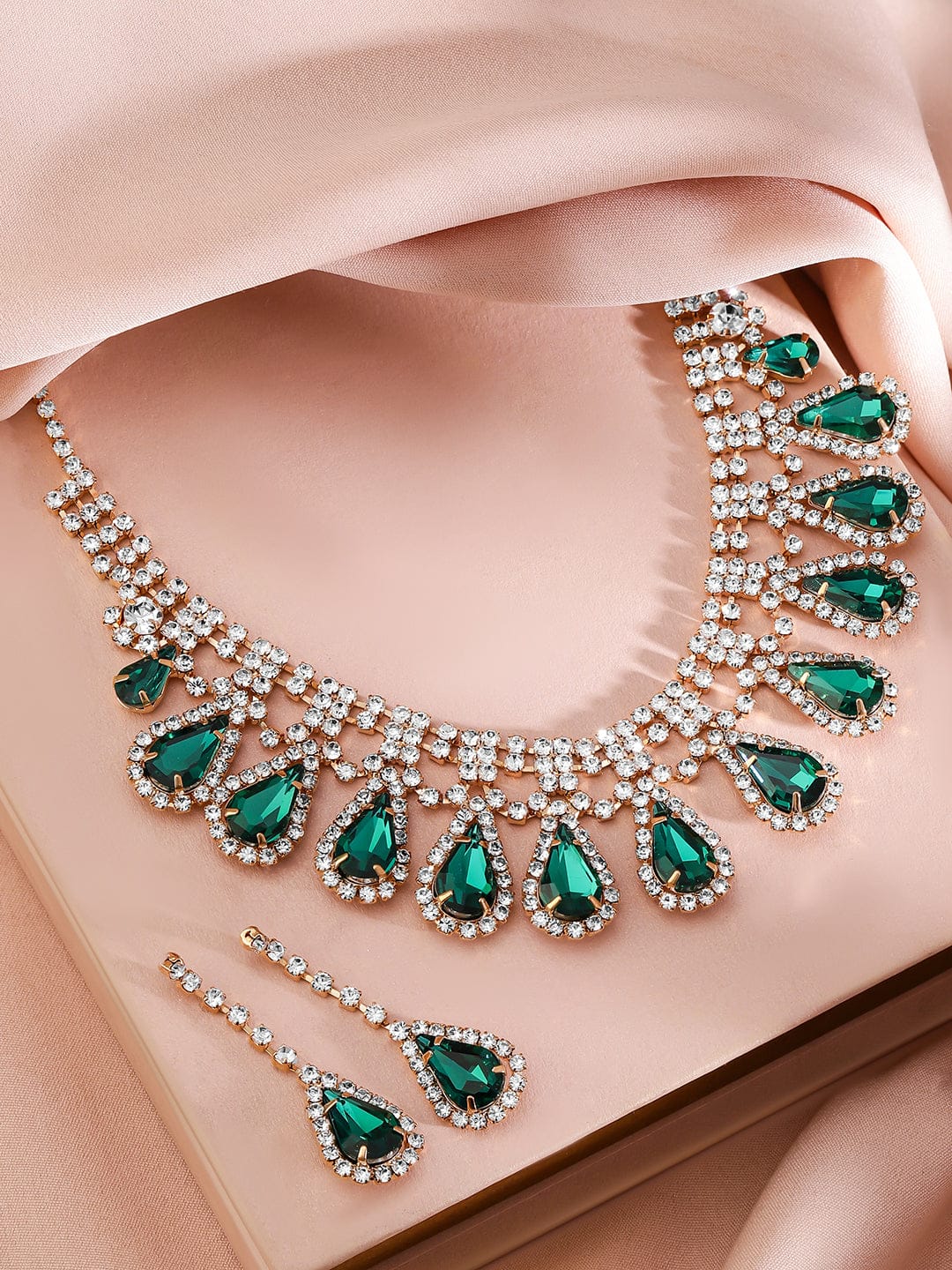 Green Teardrop American Diamond Zirconia Necklace Set フリーサイズ
