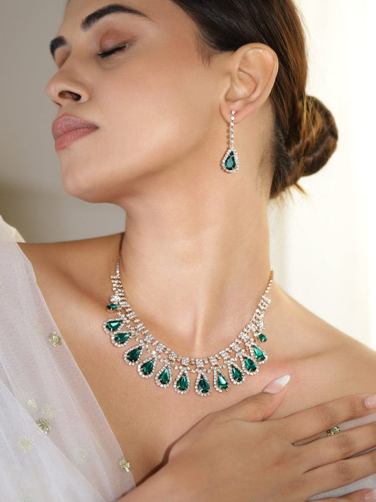 Green Teardrop American Diamond Zirconia Necklace Set フリーサイズ