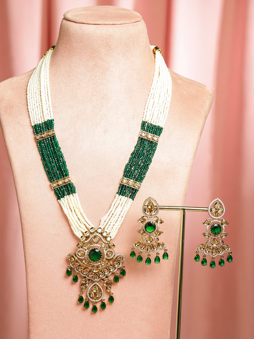 Green & White Kundan Long Gold Necklace Set フリーサイズ
