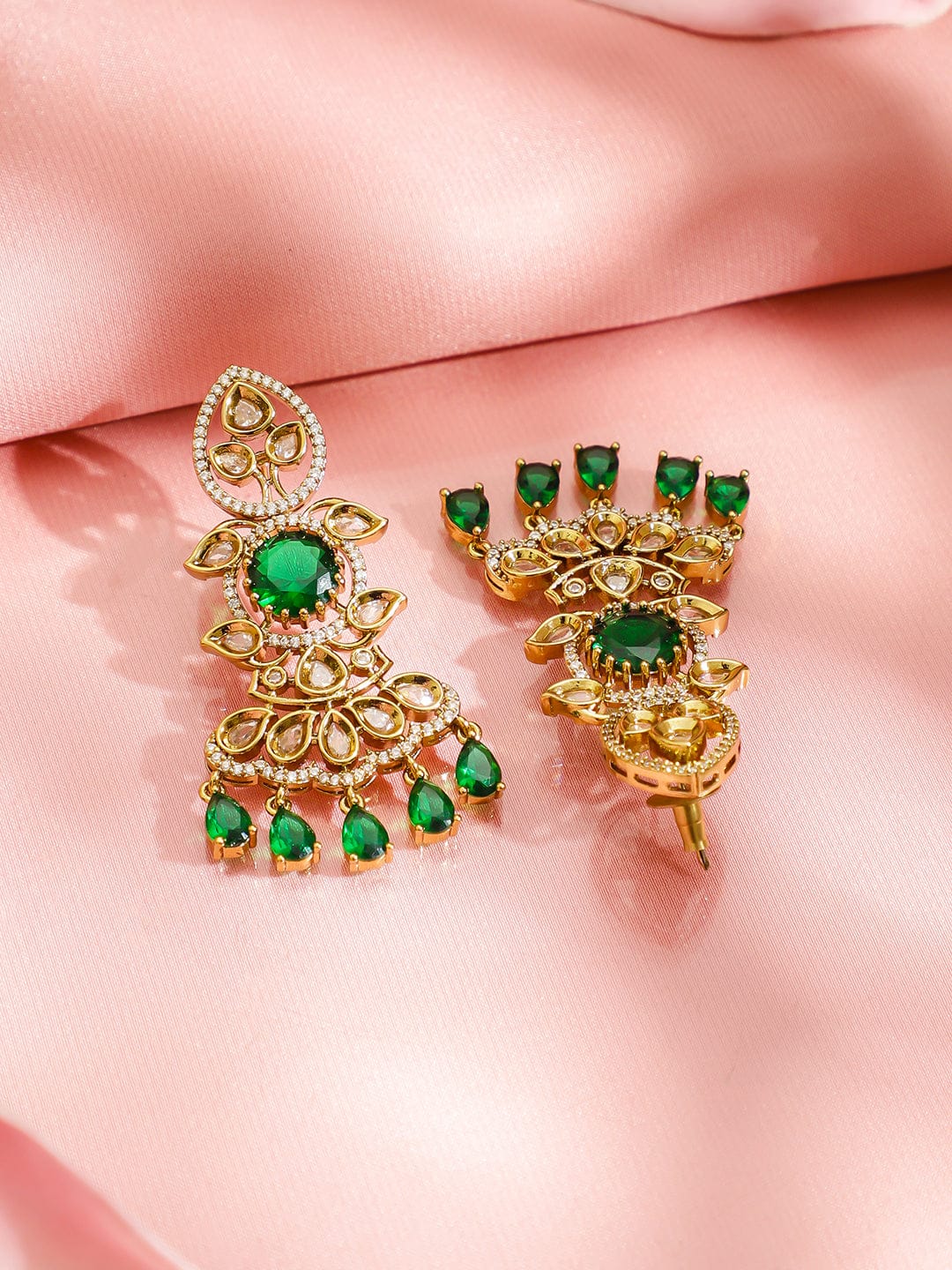 Green & White Kundan Long Gold Necklace Set フリーサイズ