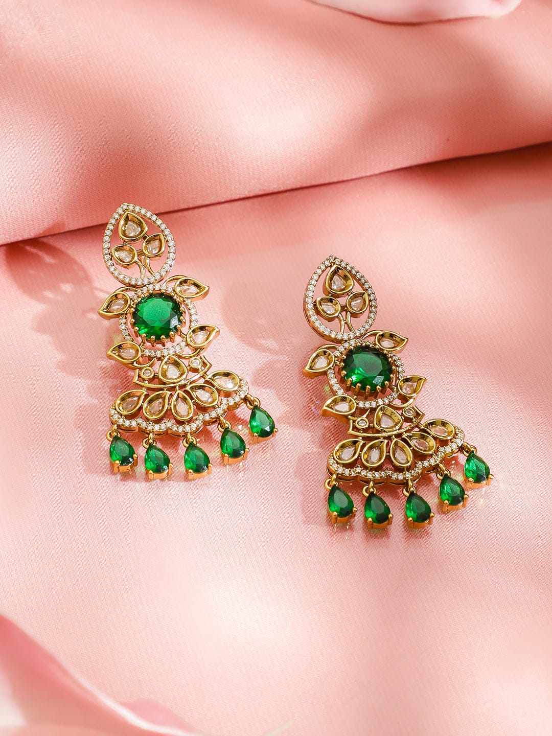 Green & White Kundan Long Gold Necklace Set フリーサイズ