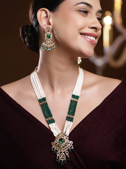 Green & White Kundan Long Gold Necklace Set フリーサイズ