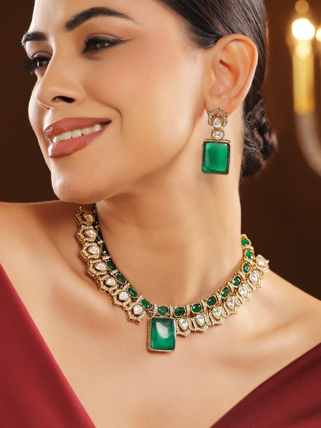 Chic Green Kundan Necklace Set フリーサイズ