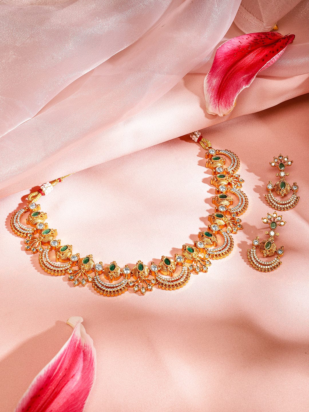 American Diamond Zirconia Emerald Gold Necklace Set フリーサイズ