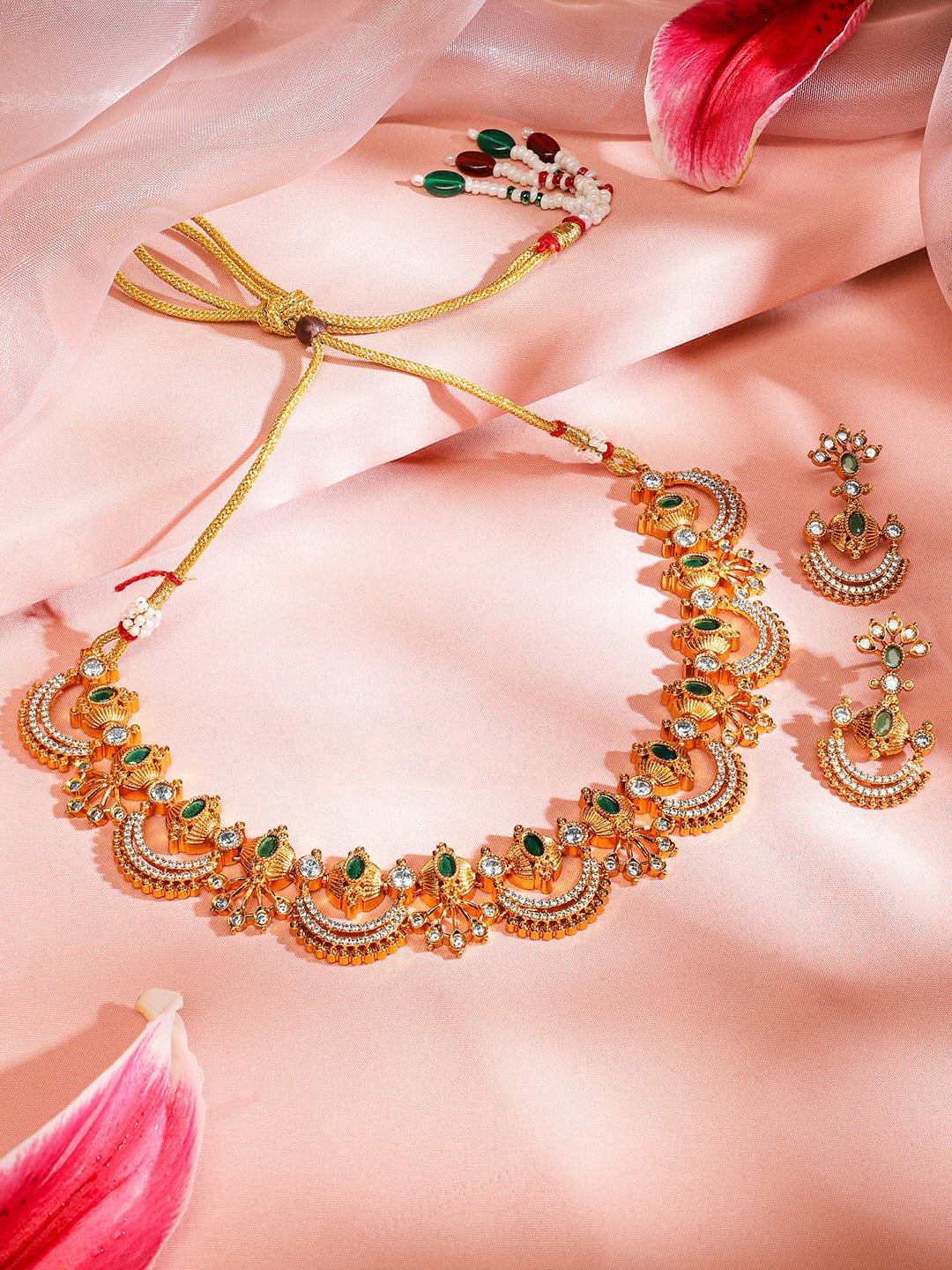 American Diamond Zirconia Emerald Gold Necklace Set フリーサイズ