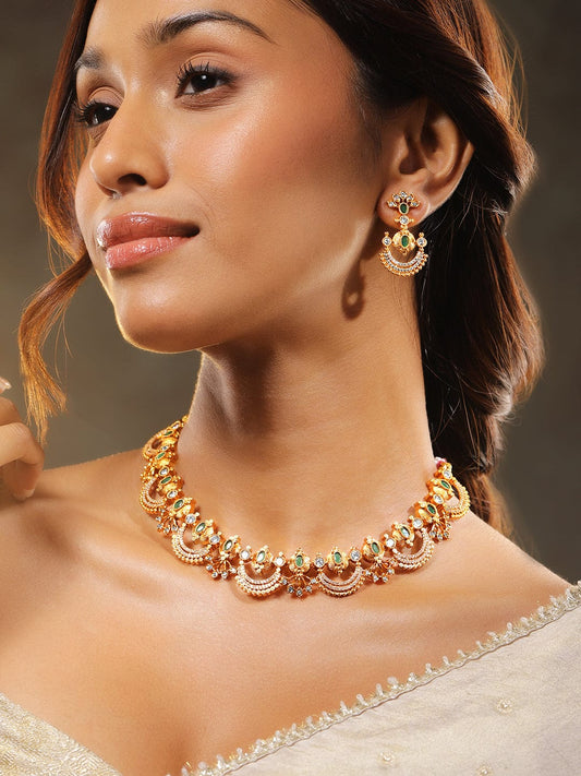 American Diamond Zirconia Emerald Gold Necklace Set フリーサイズ