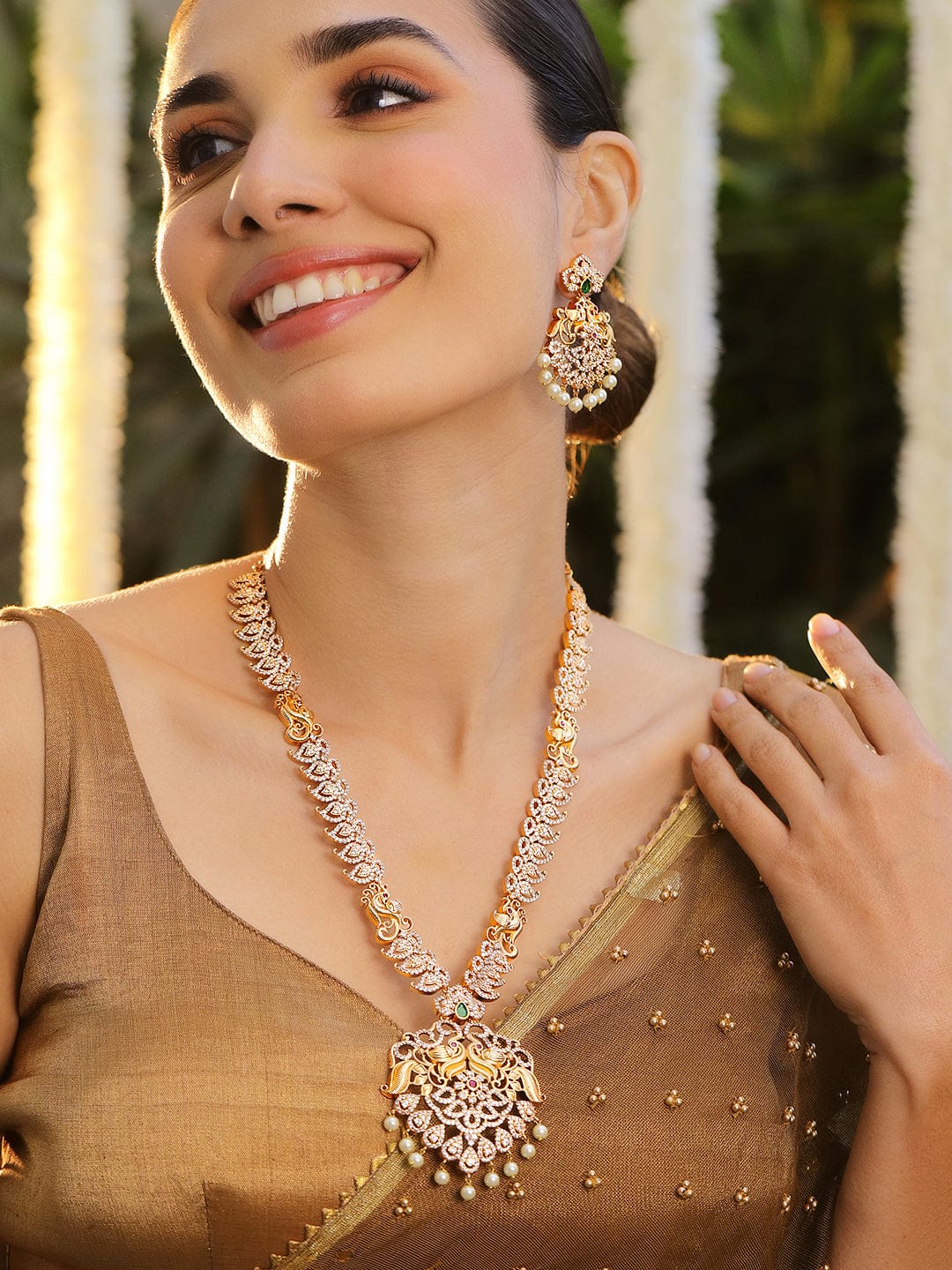 Pearl Drop American Diamond Zirconia Necklace Set Gold