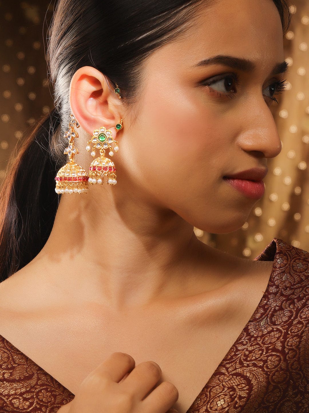 Contemporary Green Kundan Ear Cuff Jhumka Multicolor