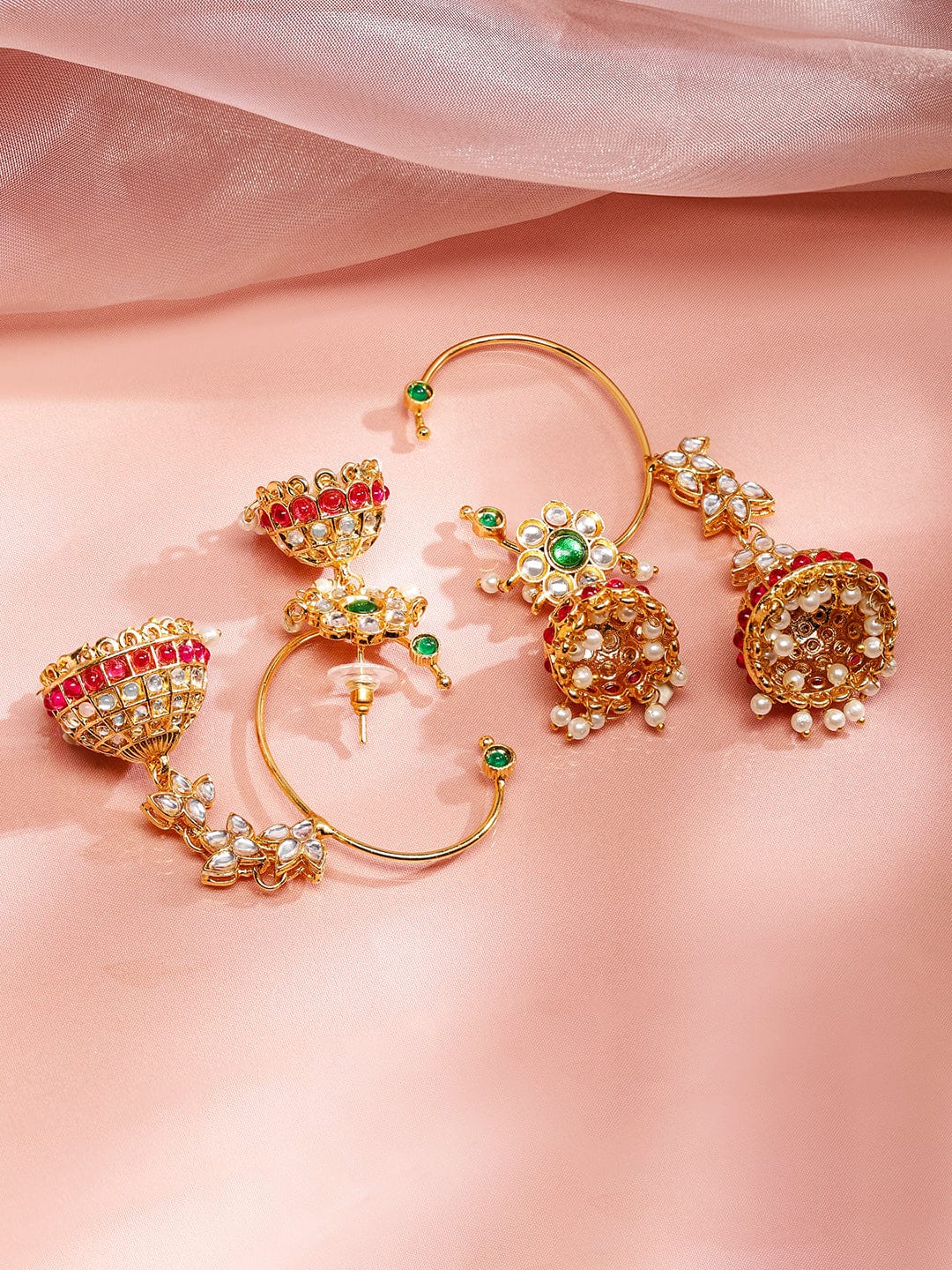 Contemporary Green Kundan Ear Cuff Jhumka Multicolor