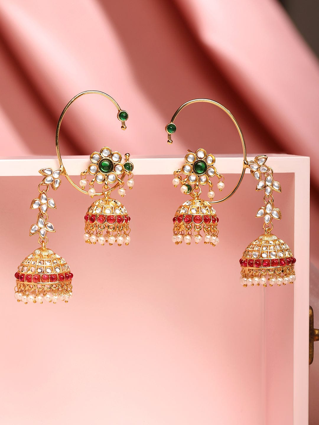 Contemporary Green Kundan Ear Cuff Jhumka Multicolor