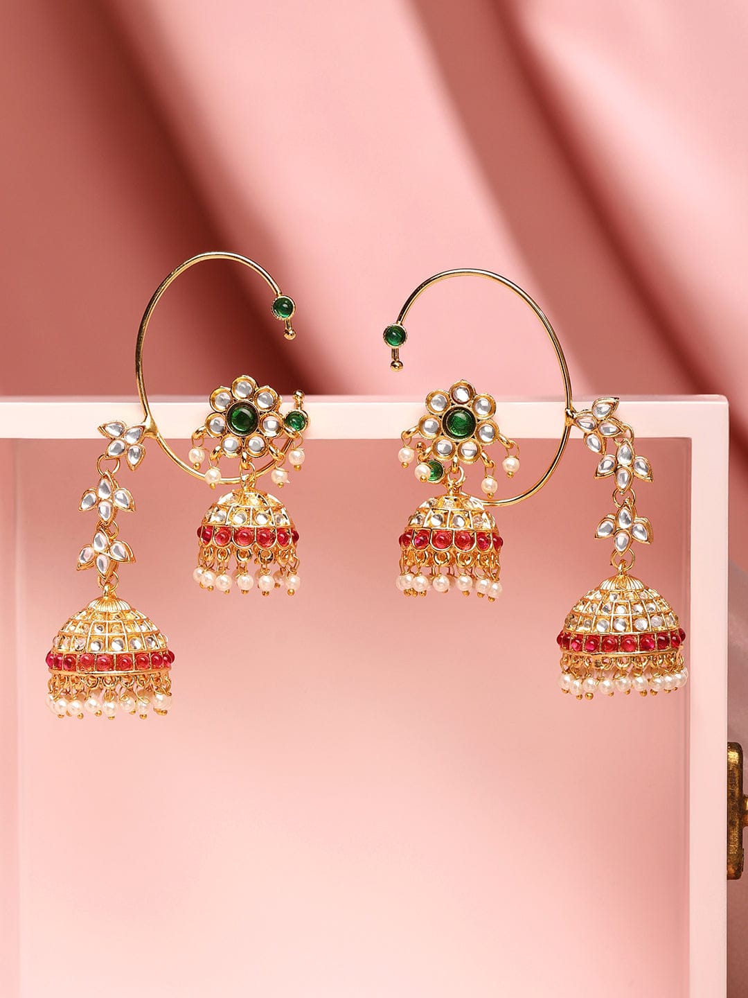 Contemporary Green Kundan Ear Cuff Jhumka Multicolor