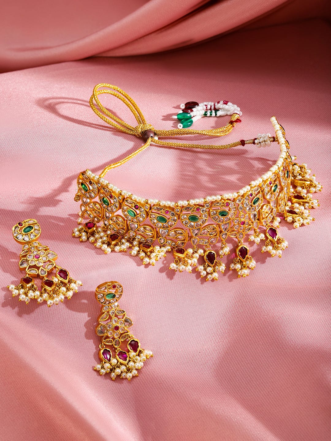Multicolor Studded Pearl Necklace Set Gold