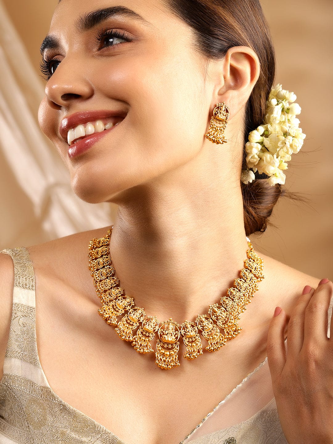 Rubans 24K Gold Plated Goddess Lakshmi Motif Handcrafted Traditional Temple Jewellery Set Gold