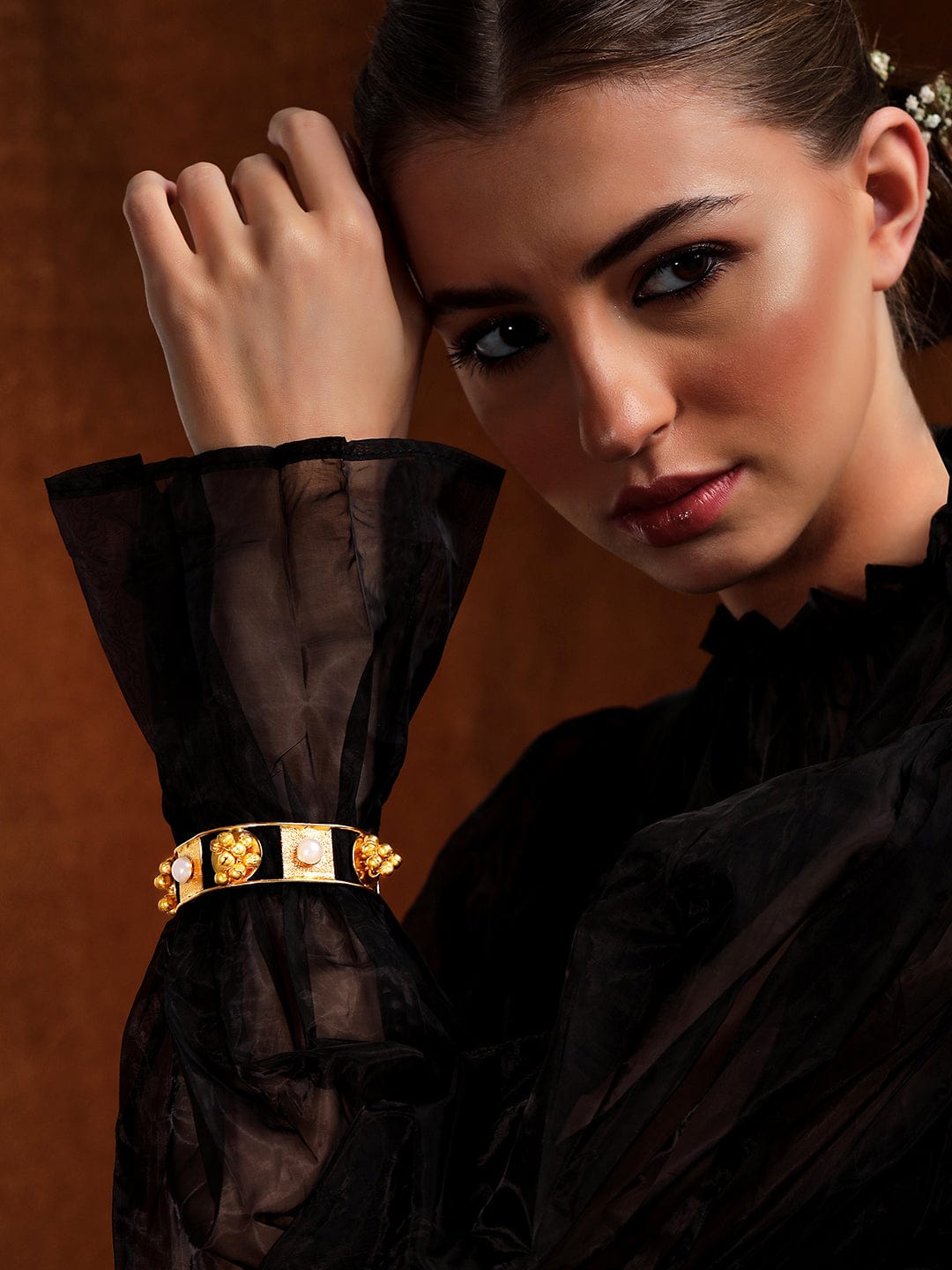 【Rubans】 24K Gold Plated Handcrafted Bracelet with Pearls and Golden Beads｜24K ゴールドメッキ ハンドクラフト パール＆ゴールドビーズ ブレスレット