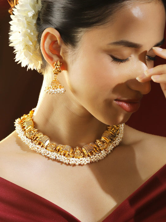 Elephant Motif Necklace Set with Pearl Drops Gold