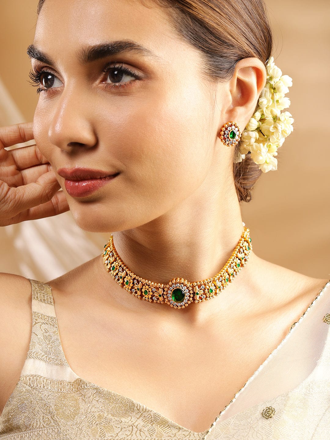 Enchanting Green Gold Plated Choker Set フリーサイズ