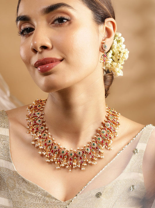 Pearl Drop Ruby Studded Necklace Set Multicolor
