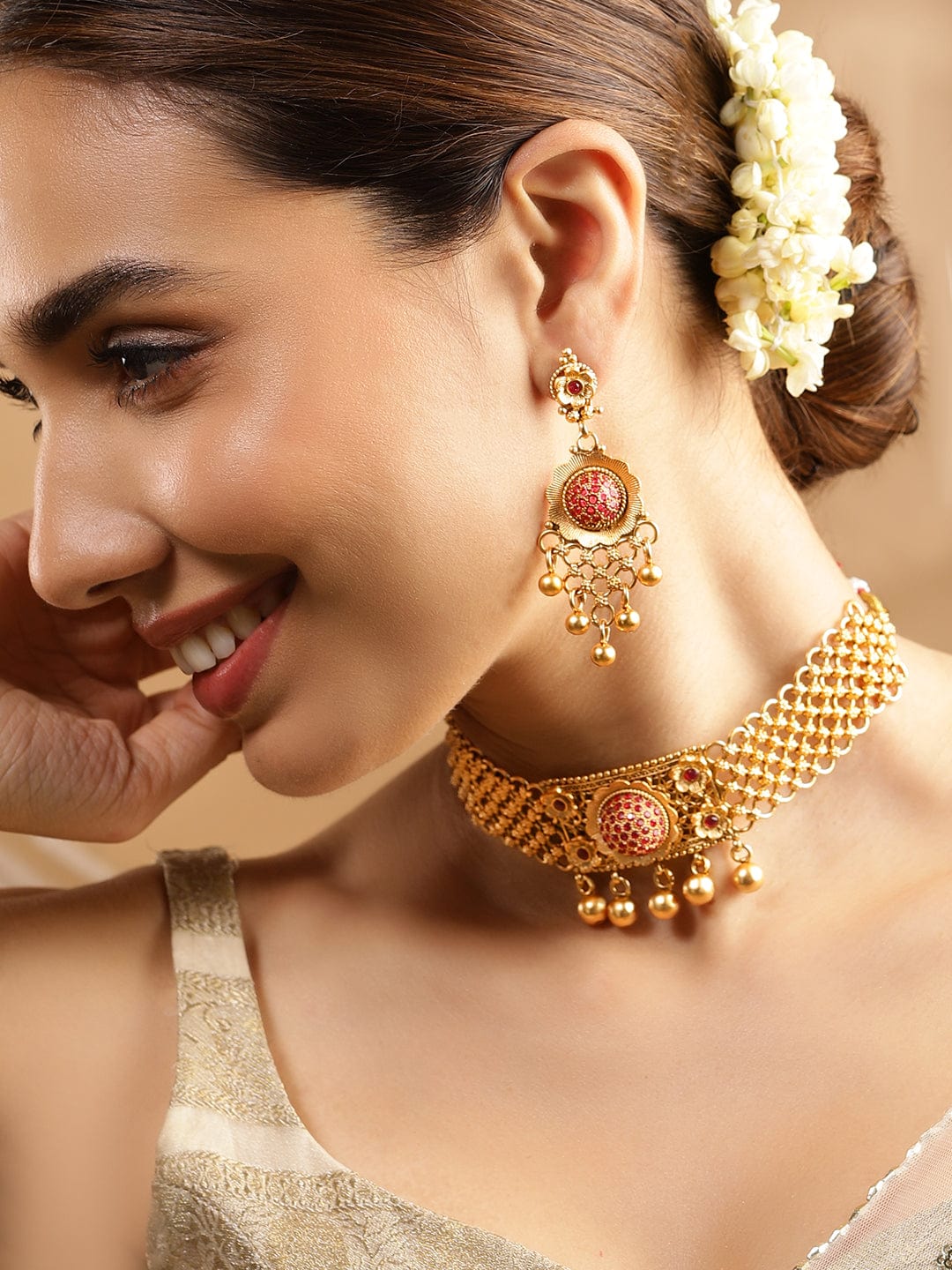 Rubans 24K Gold Plated Handcrafted Ruby Stone Studded & Gold Beaded Traditional Choker Set Gold