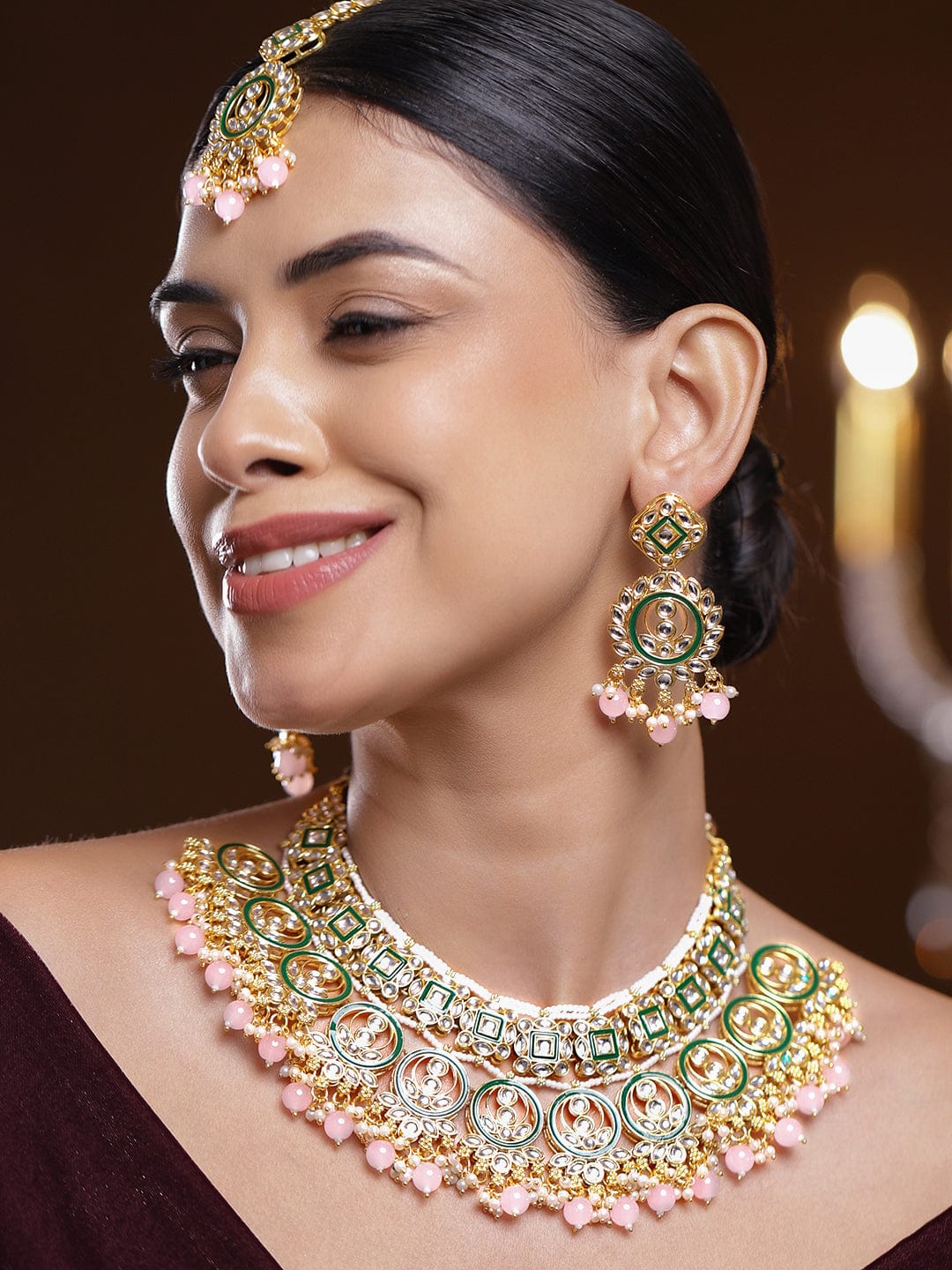 Pink Elegant Shine Kundan Necklace Set フリーサイズ