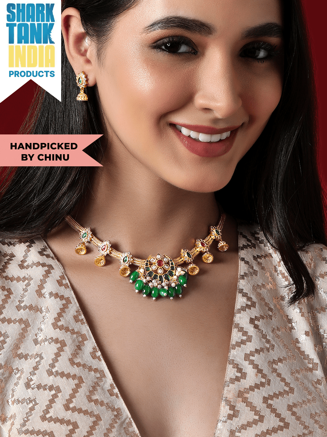 24K Gold Plated Green & Pink Artificial Stones & Beads-Studded Jewellery Set Gold