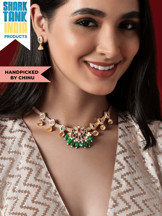 24K Gold Plated Green & Pink Artificial Stones & Beads-Studded Jewellery Set Gold