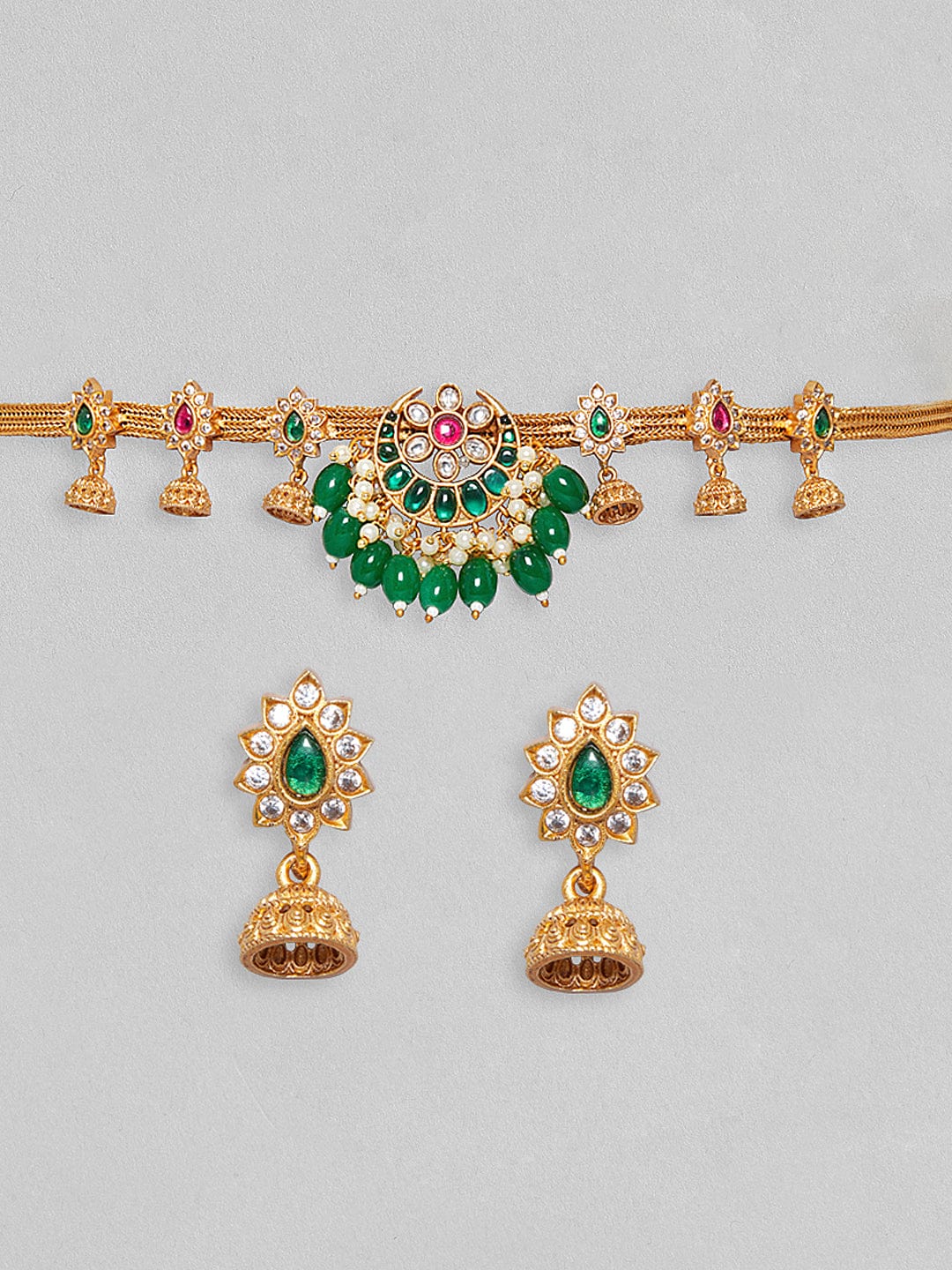 24K Gold Plated Green & Pink Artificial Stones & Beads-Studded Jewellery Set Gold