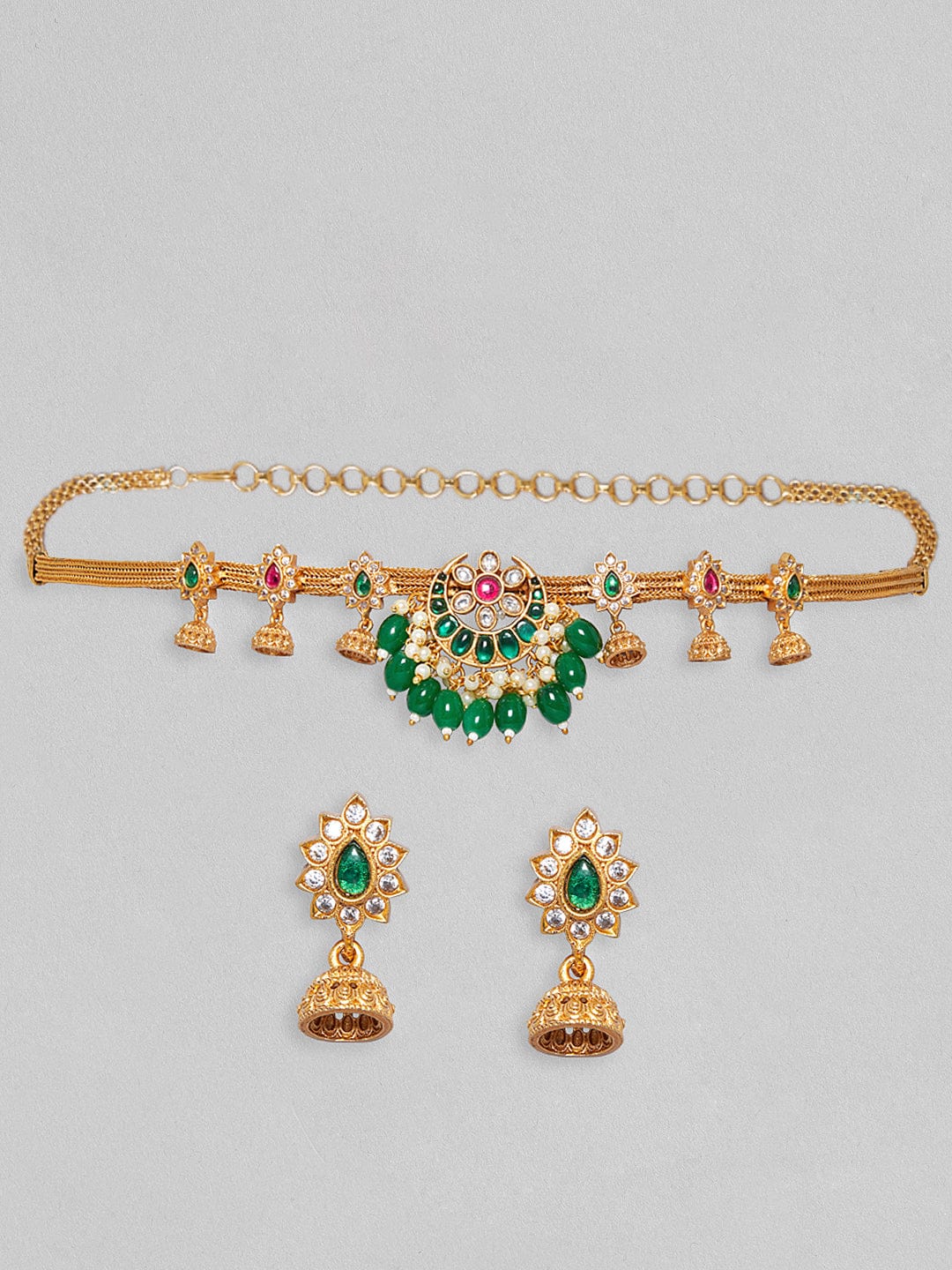 24K Gold Plated Green & Pink Artificial Stones & Beads-Studded Jewellery Set Gold