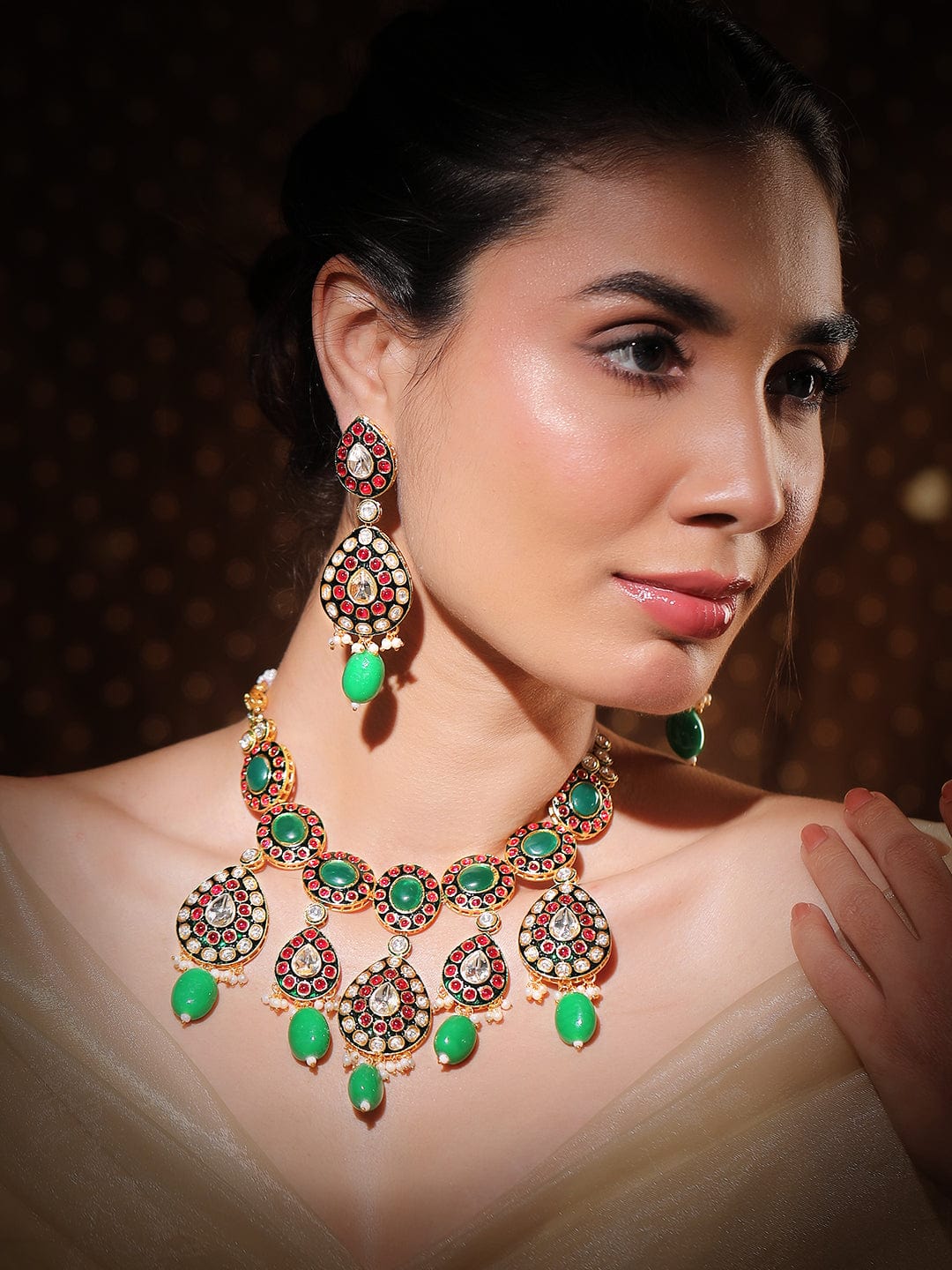Elite Garden Pink-Green Kundan Necklace Set フリーサイズ