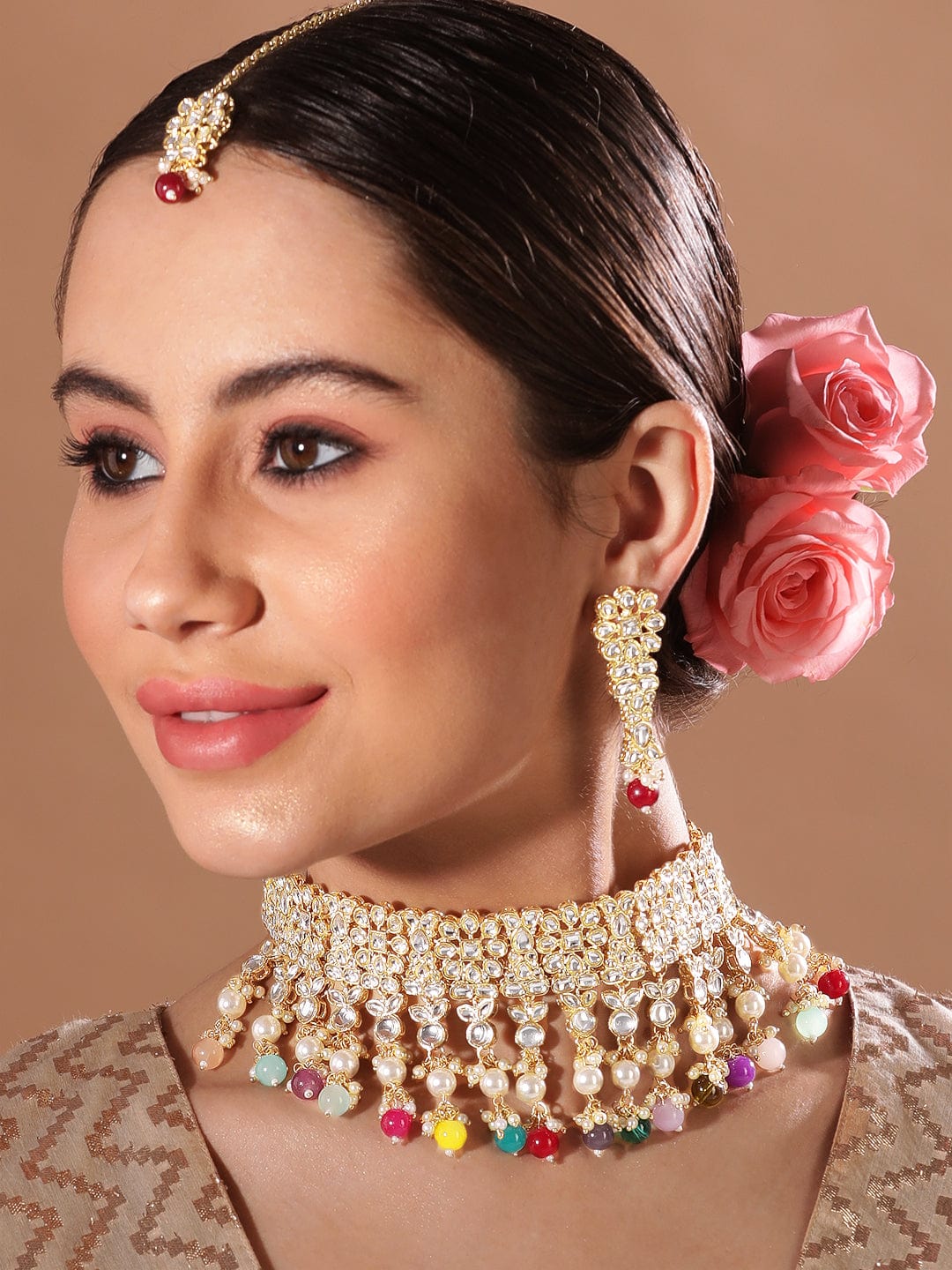 Rubans 24K Gold Plated Kundan Stone Studded Multicolour Pearl & Beads Necklace Set Multicolor