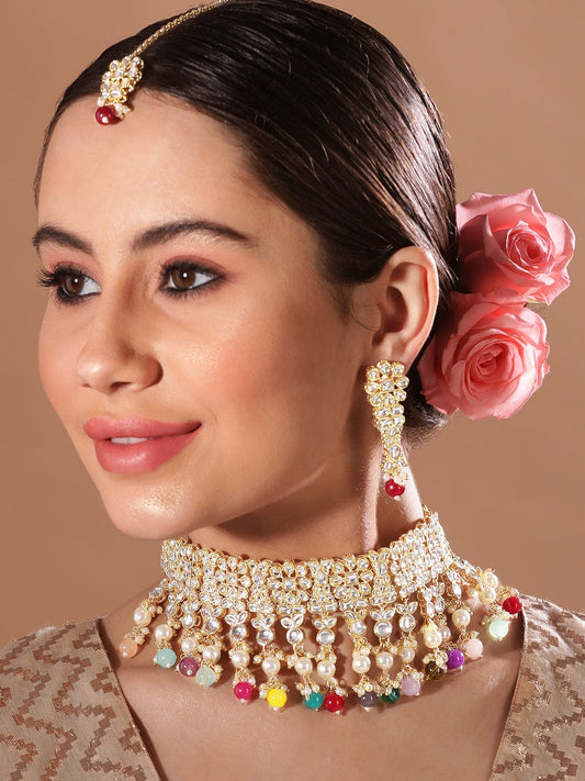 Rubans 24K Gold Plated Kundan Stone Studded Multicolour Pearl & Beads Necklace Set Multicolor