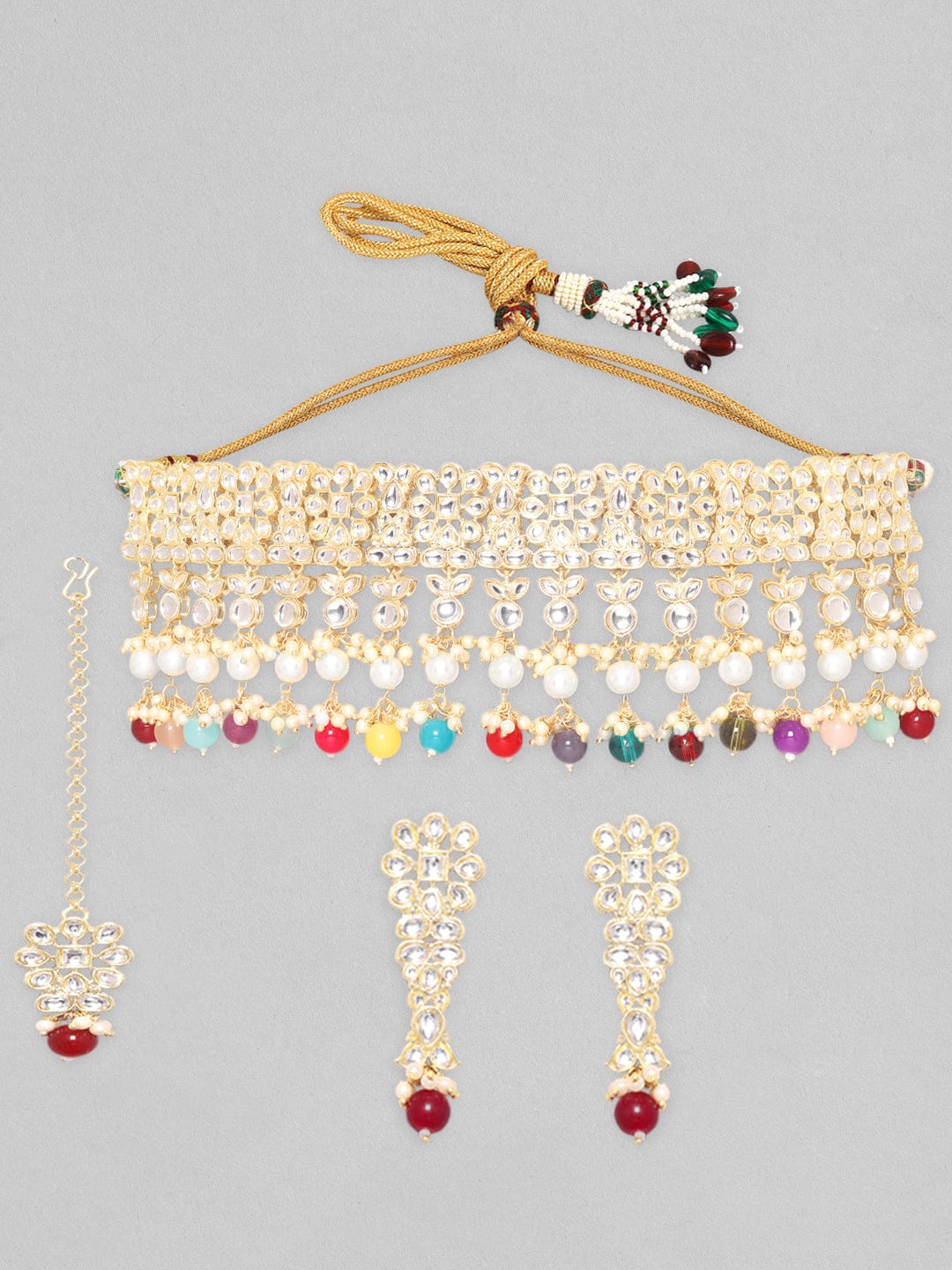 Rubans 24K Gold Plated Kundan Stone Studded Multicolour Pearl & Beads Necklace Set Multicolor