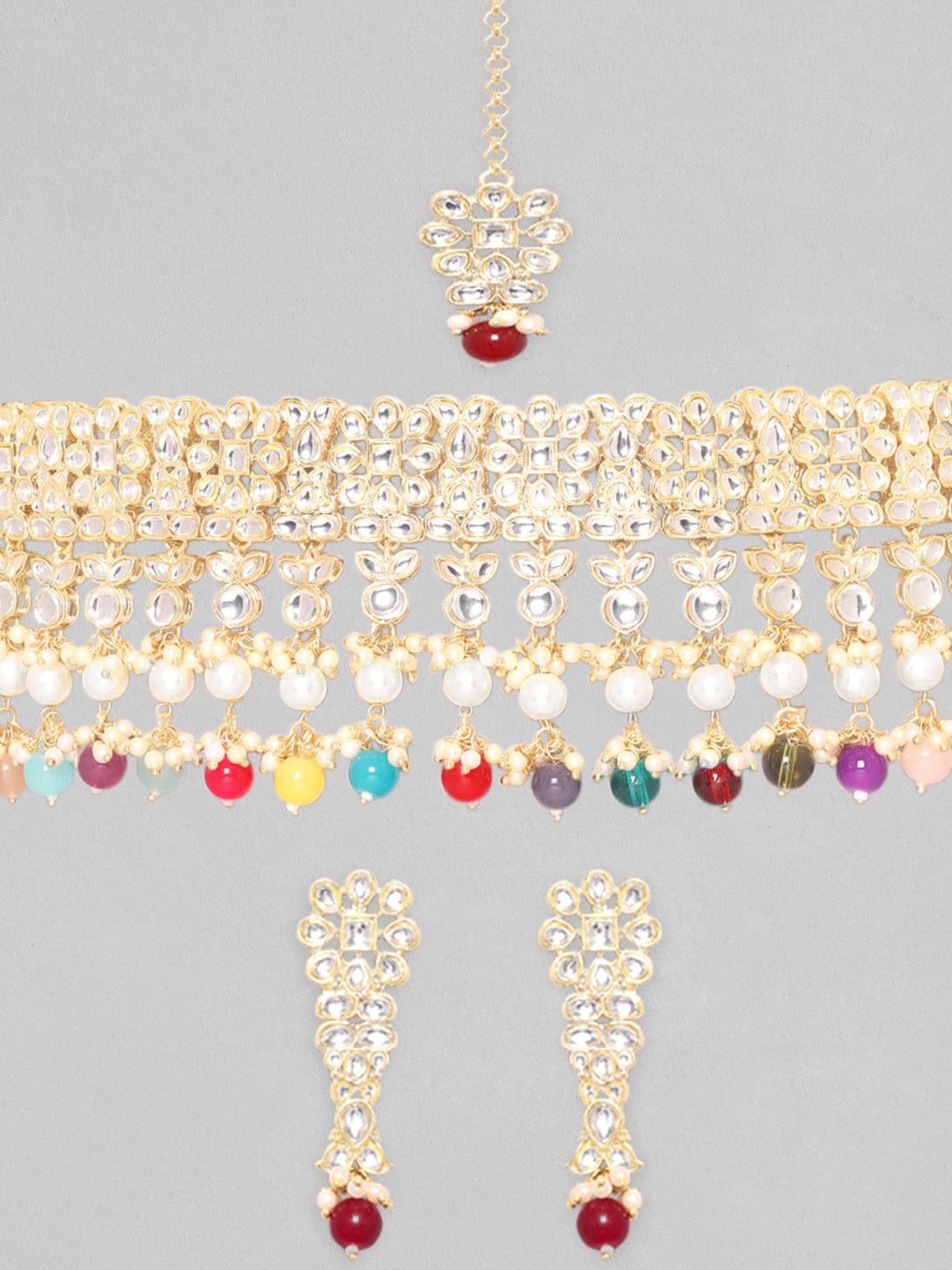 Rubans 24K Gold Plated Kundan Stone Studded Multicolour Pearl & Beads Necklace Set Multicolor