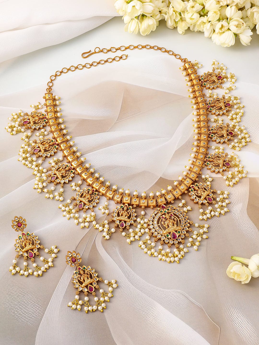 Laxmi Motif Necklace Set with Pearl Detailing Gold